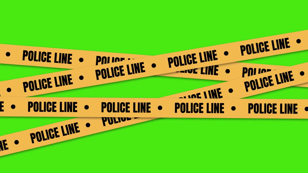 Animazione intrecciata del testo "Police line" con nastro di cautela giallo, isolata su sfondo verde.