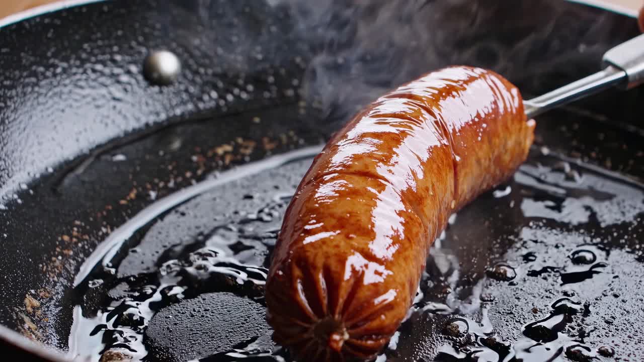 Video ravvicinato e dall'alto di una salsiccia lucida e cotta in una padella nera, che mette in risalto la texture