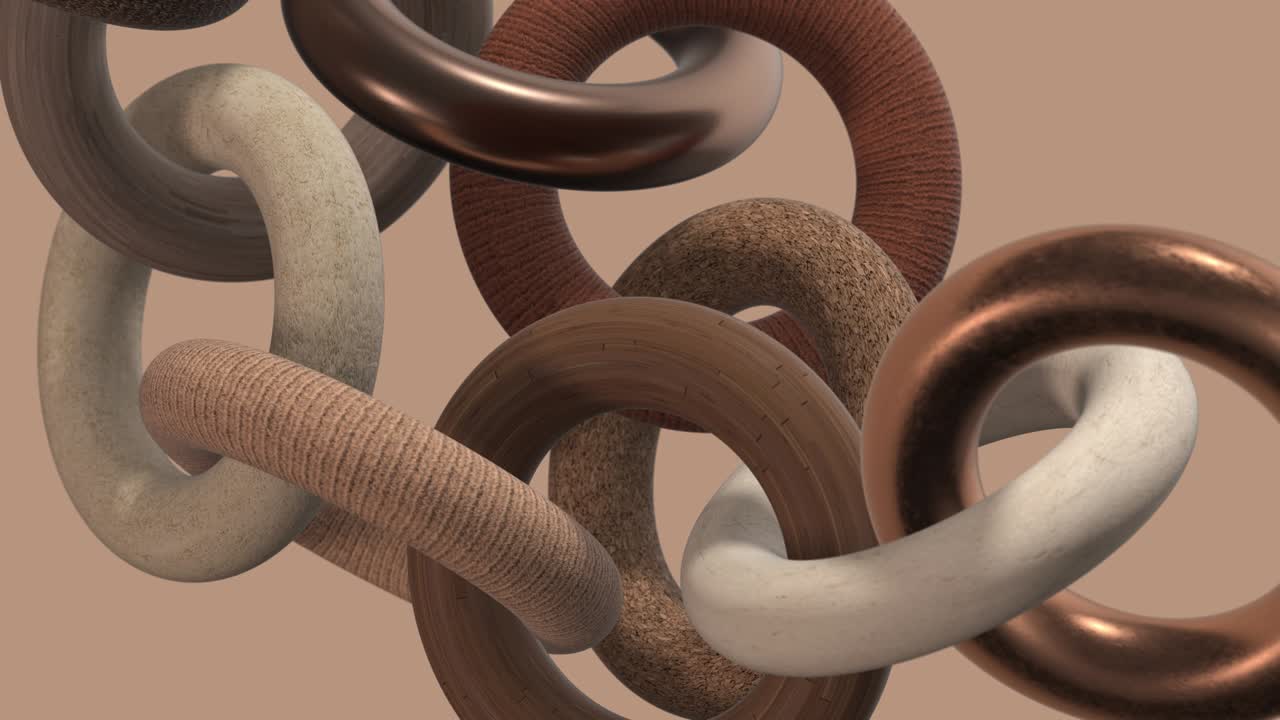Wooden, metallic, stone, fabric rings. Close-up. 3d animation.