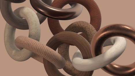 anillos de madera, metálicos, de piedra, de tela. primer plano. animación en 3d.