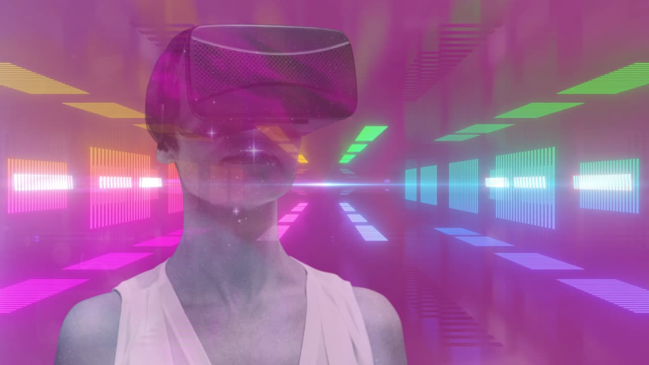 animazione di una donna che indossa un auricolare vr sullo sfondo luminoso al neon