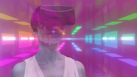 animación de una mujer con auriculares vr en un fondo de neón vibrante