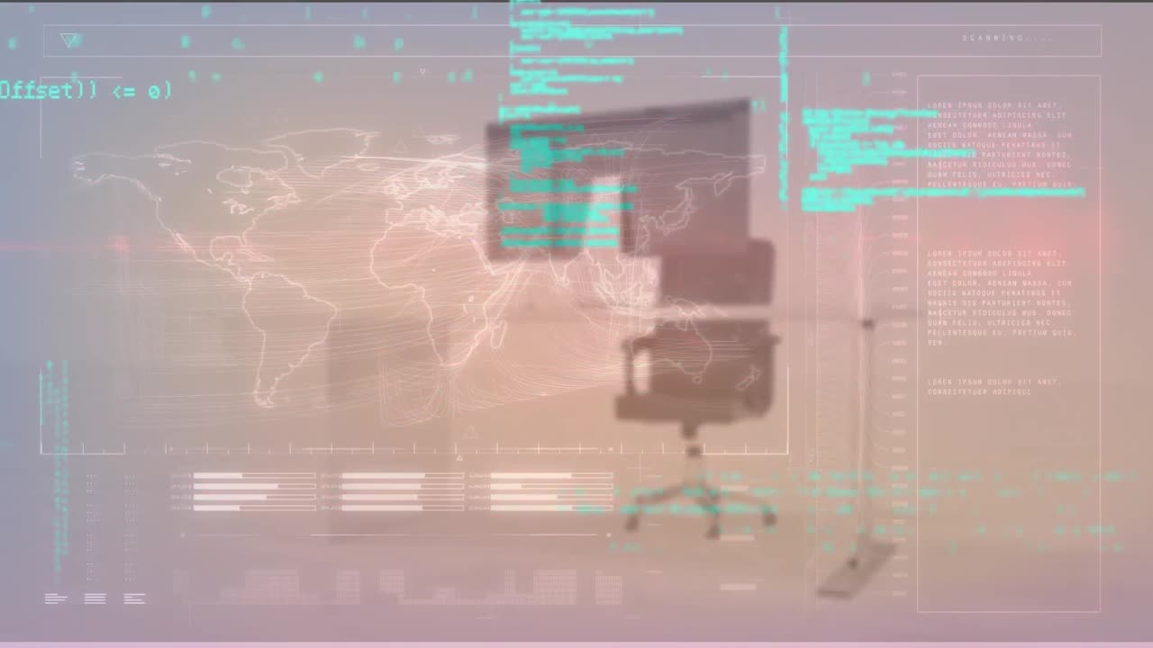 animación de lenguaje informático y mapa sobre silla y escritorio en una oficina vacía.