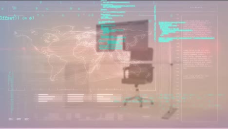 animation of computer language and map over chair and desktop in empty office