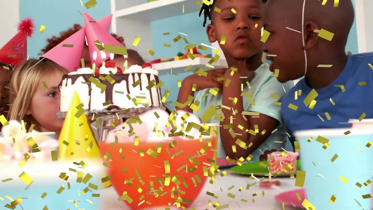 Animazione di coriandoli dorati che cadono su bambini a una festa di compleanno