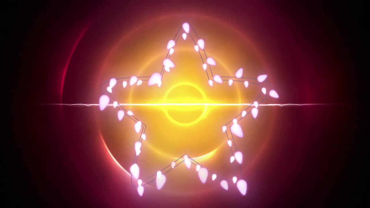 노란색 원 위에 복사 공간을 가진 크리스마스 장식 요정 불빛의 애니메이션