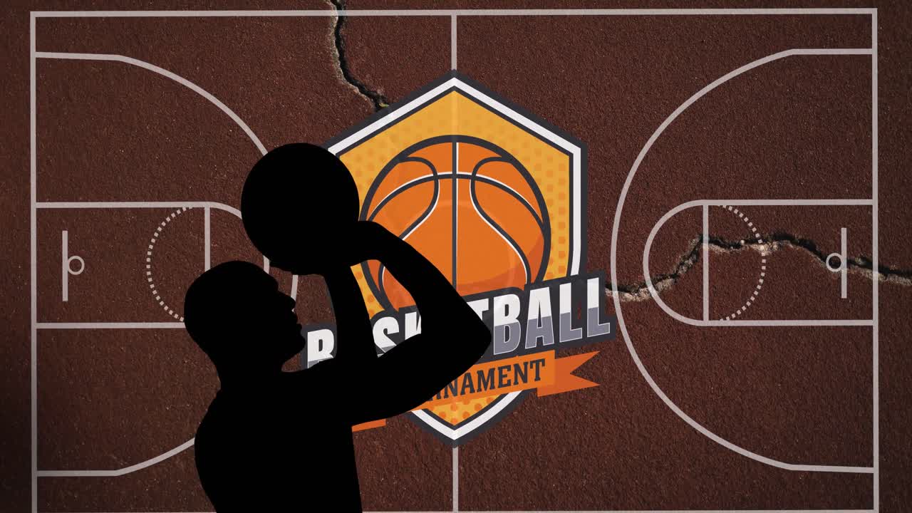 Animation of silhouette of basketball player over basketball court background