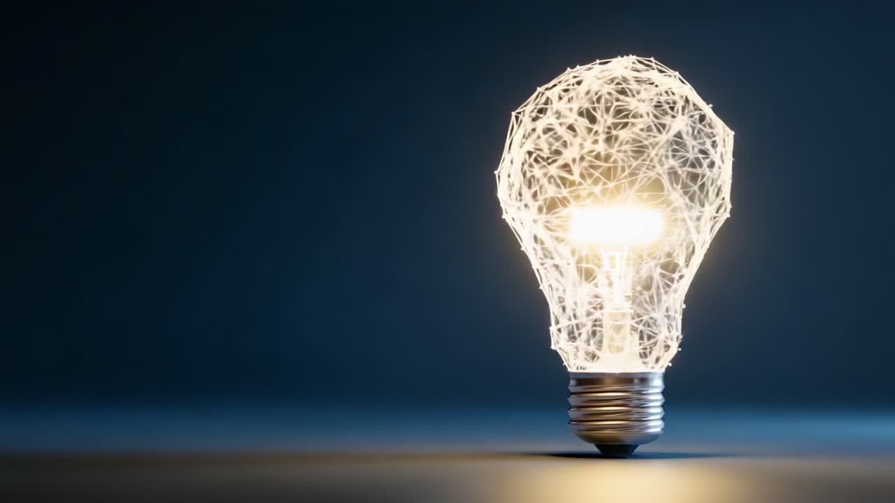 Una straordinaria transizione di una lampadina illuminata che mostra un intricato design a wireframe, da uno stato spento a uno luminoso, catturando l'essenza di innovazione e creatività.