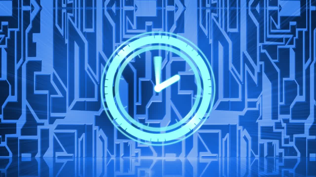 Animation of rotating hand on blue clock, over data network map on blue