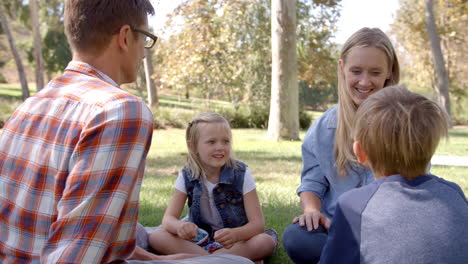 Young-white-family-sitting-on-grass-together-in-a-park