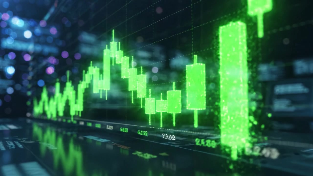 Análise Dinâmica do Mercado Financeiro: Visualização de Tendências de Ações em Ascensão com Padrões de Candlestick Verdes e Insights de Dados em um Ambiente de Negociação Digital.