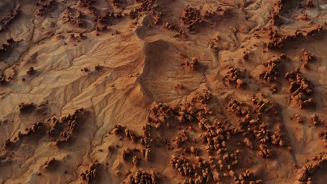 Stunning-top-bird's-eye-aerial-drone-view-of-the-beautiful-Goblin-Valley-Utah-State-Park-with-small-strange-mushroom-rock-formations,-dried-sand,-a-dried-river-bed,-and-red-rock-butte's-below