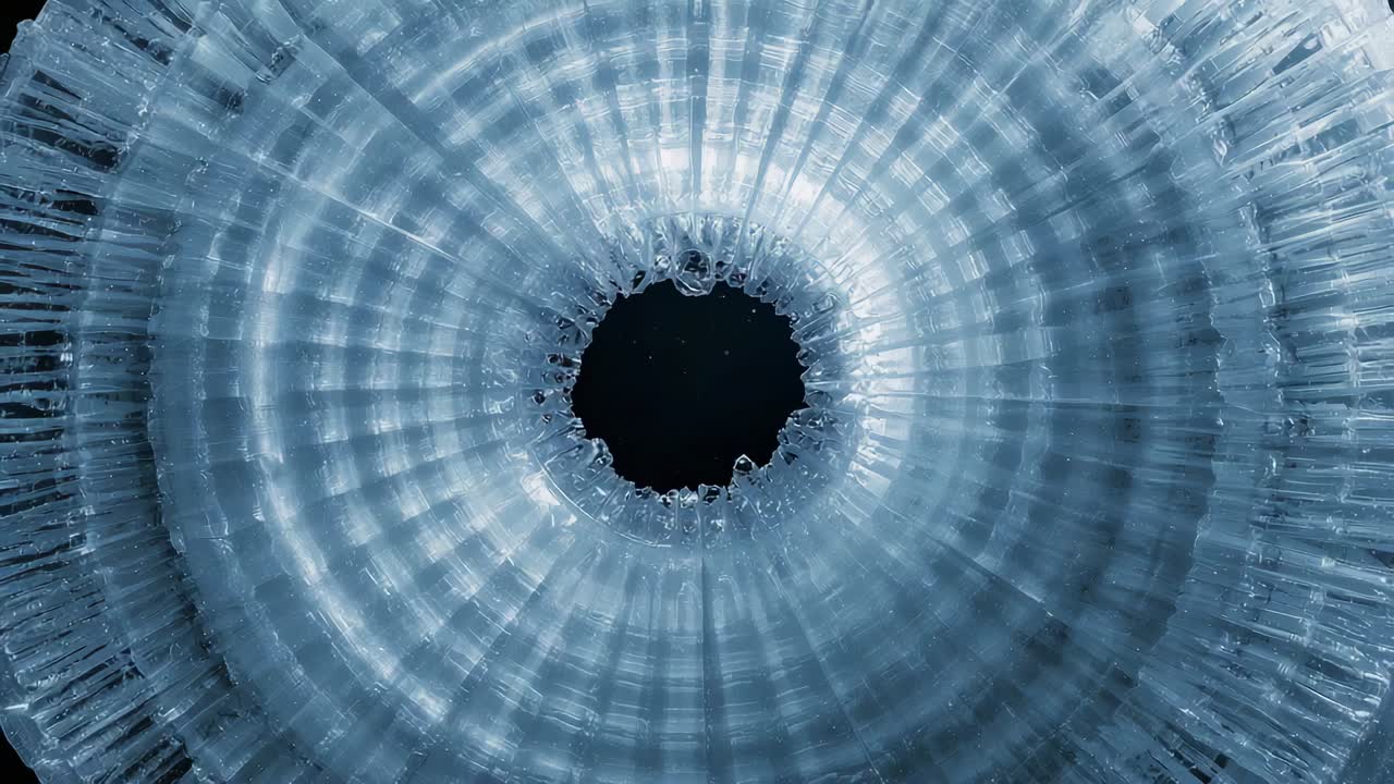 Tightening camera showing topdown icy ribbed ring revealing jagged inner rim and central void motes