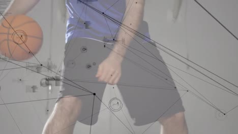 animation of data processing, networks of connections over mixed race male basketball player at gym