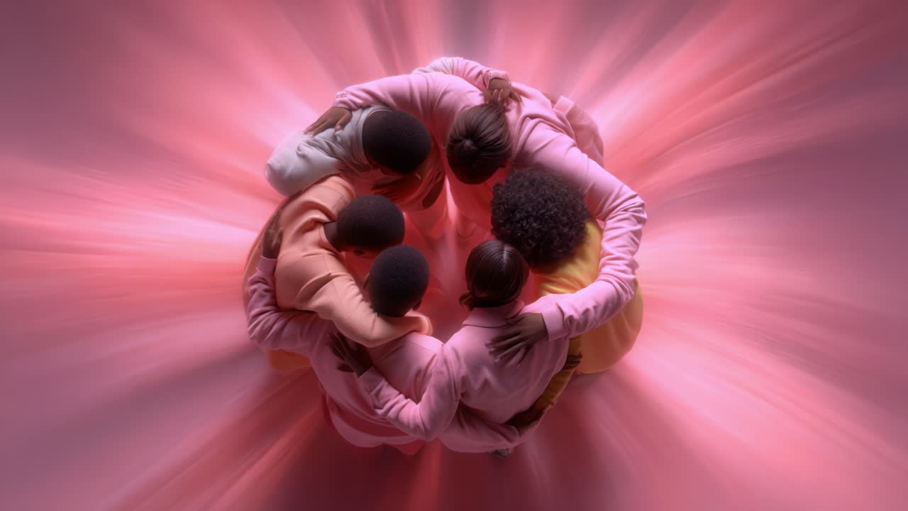 A group of individuals gathers closely in a circular formation, exuding a sense of unity, connection, and shared purpose, enveloped in radiant pink hues that enhance the emotional intensity