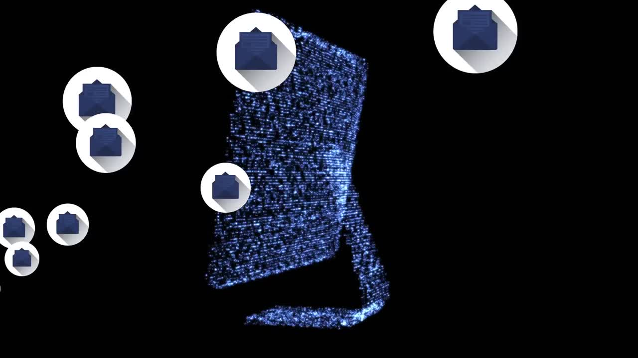 검은 바탕에 있는 3d 컴퓨터 화면 모델에 대해 떠다니는 여러 개의 봉투 아이콘