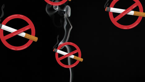 animation of smoking forbidden signs with lit cigarettes on black background