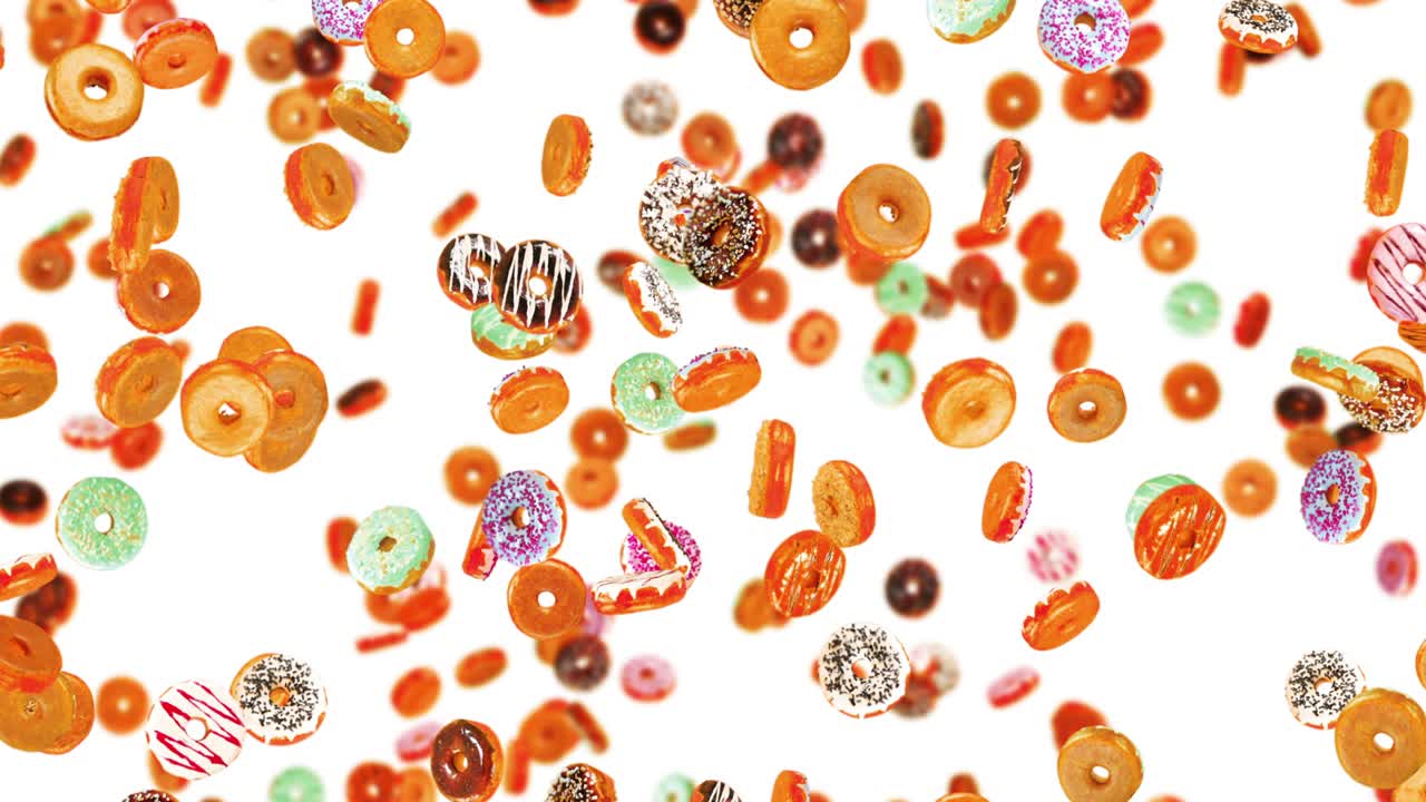 색 배경에 많은 다채로운 도을 날아. 도 케이크, 과자, 디저트. 도 회전의 3d 애니메이션. 루프 애니메이션.