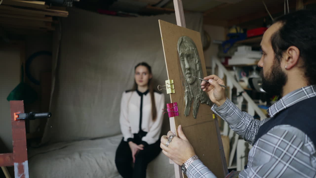 Sculpting a Portrait in an Artist's Studio