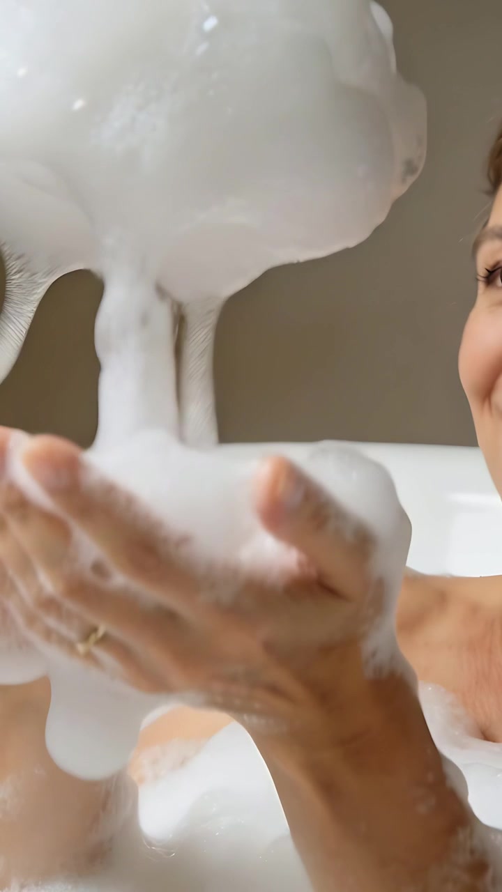 Video verticale: Donna che raccoglie e preme la schiuma, soffia e guarda una bolla scoppiare nella vasca da bagno, con anello