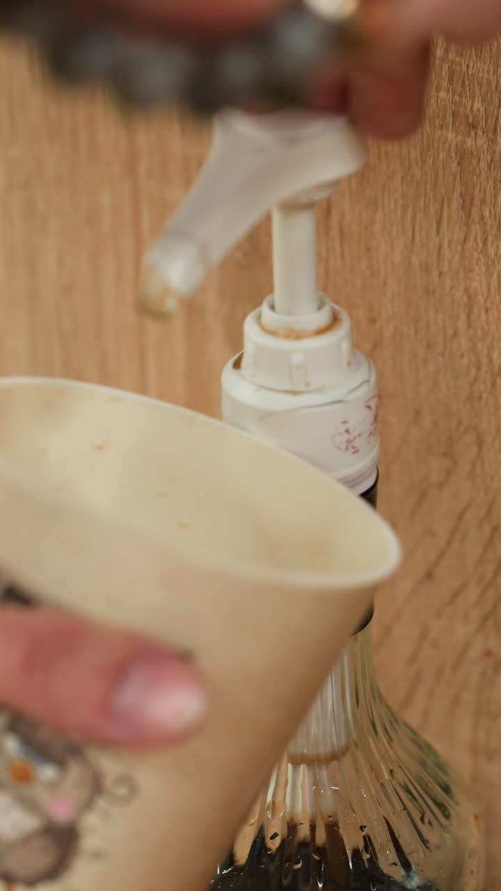 커피 시럽을 프하는 동안 커피 컵을 들고 있는 구슬 팔와 은색 손밴드를 착용한 손의 모습.