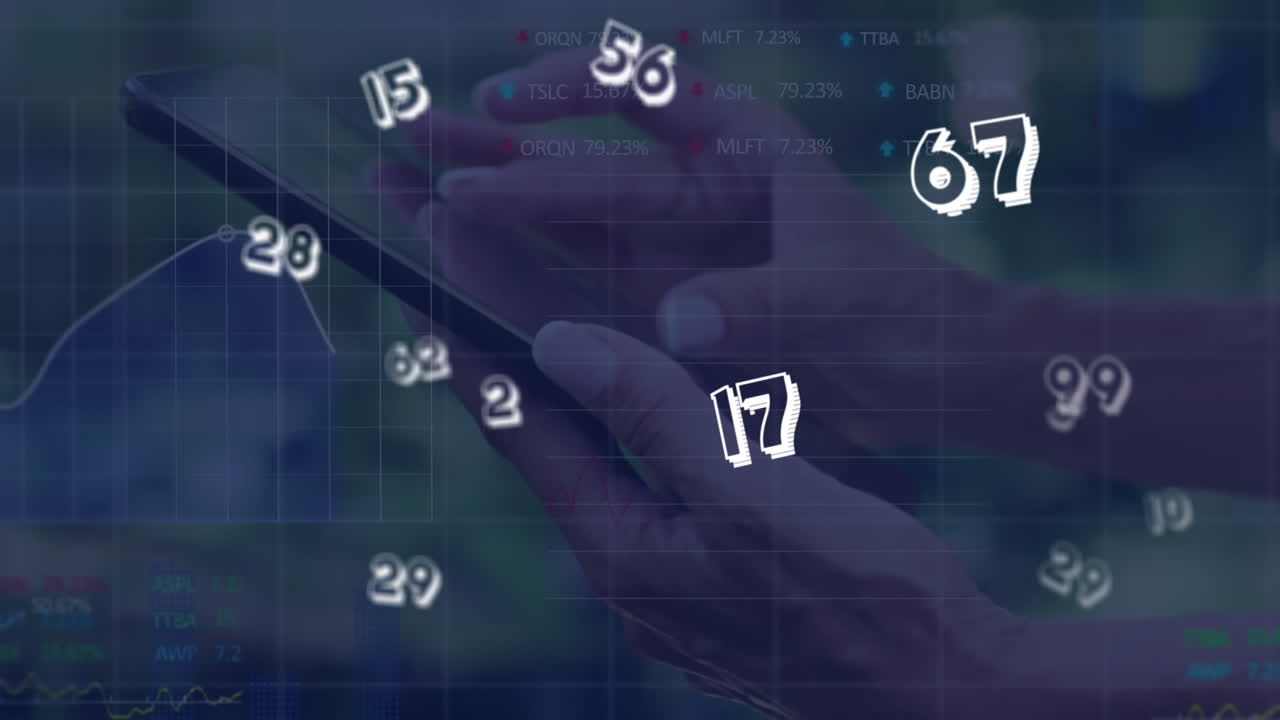 Animation of numbers floating over hands of caucasian woman with smartphone