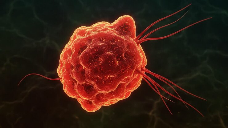 Visualizzazione ravvicinata di un'entità cellulare microscopica che mostra estensioni distinte, evidenziandone la struttura e la complessità uniche in un ambiente fluido