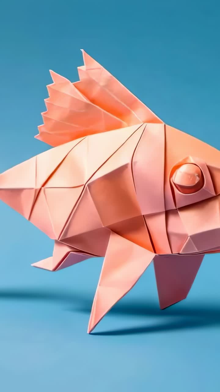 Vertical video: Initiating fish rotation exposing pink origami folds in studio, showcasing craft