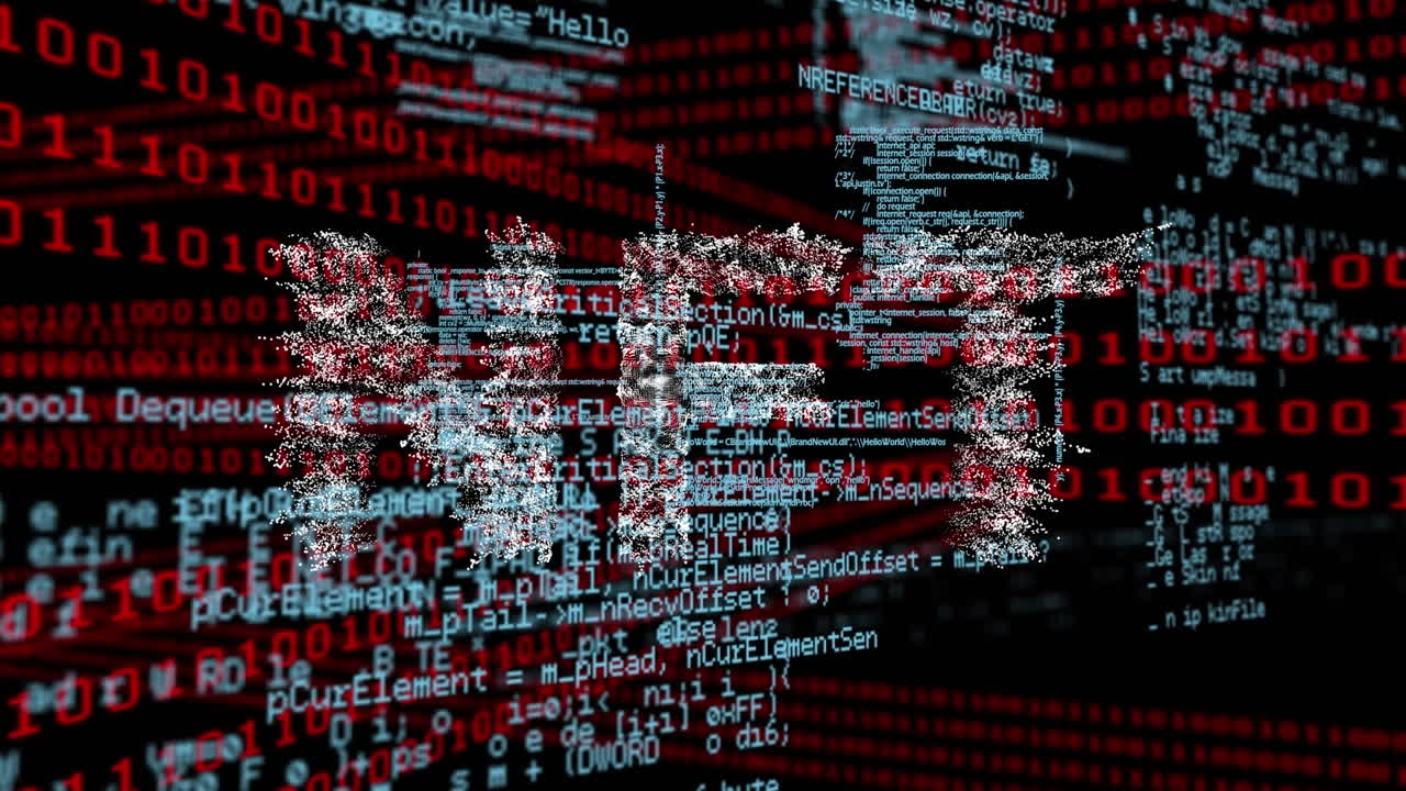 animación de nft y código binario sobre procesamiento de datos en fondo negro