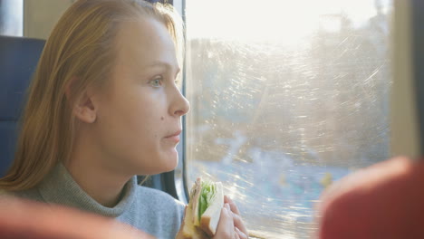 woman having snack while traveling by train