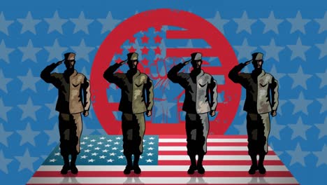 Animation-of-soldiers-saluting-and-flag-of-united-states-of-america