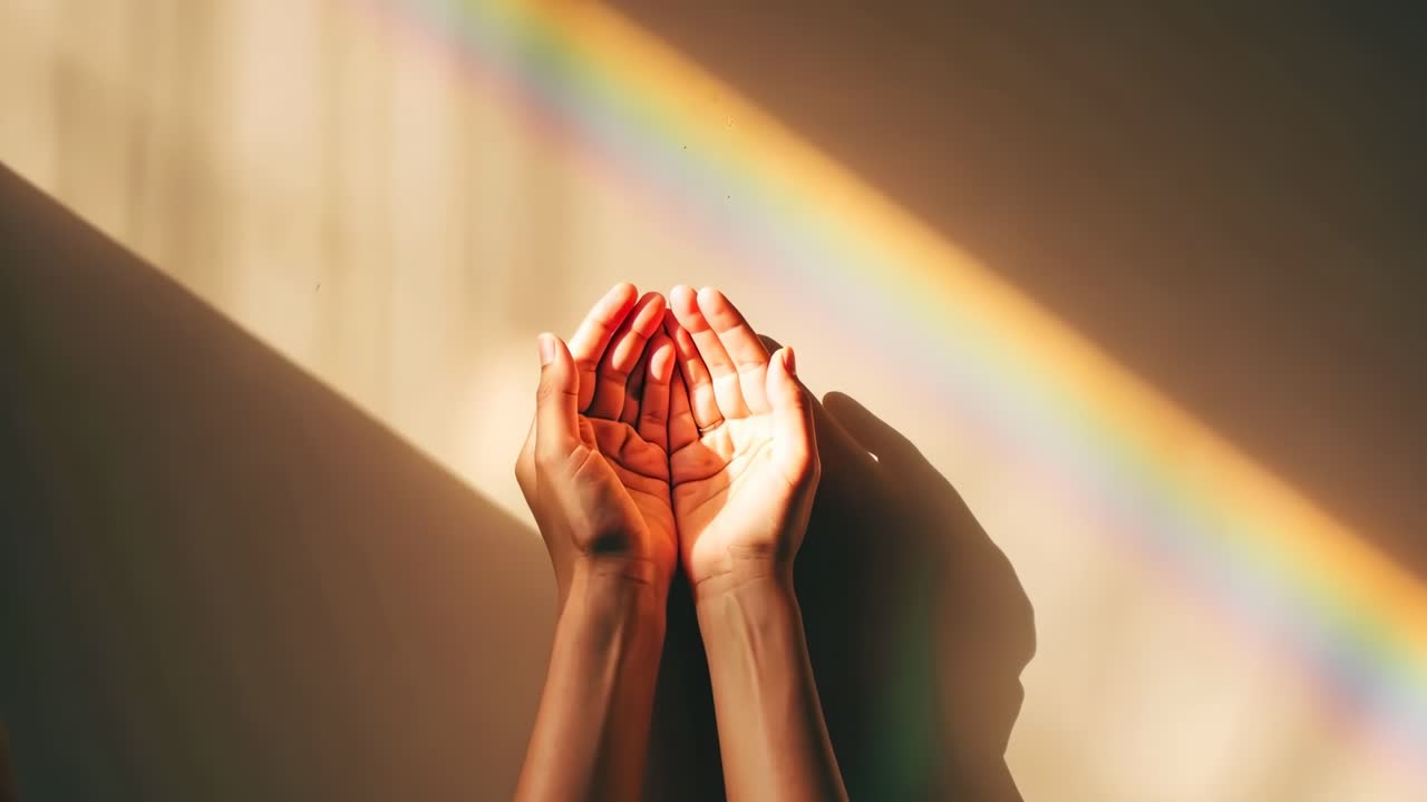 Aerial view of hands cupped together under a rainbow light on a beige wall, creating a serene