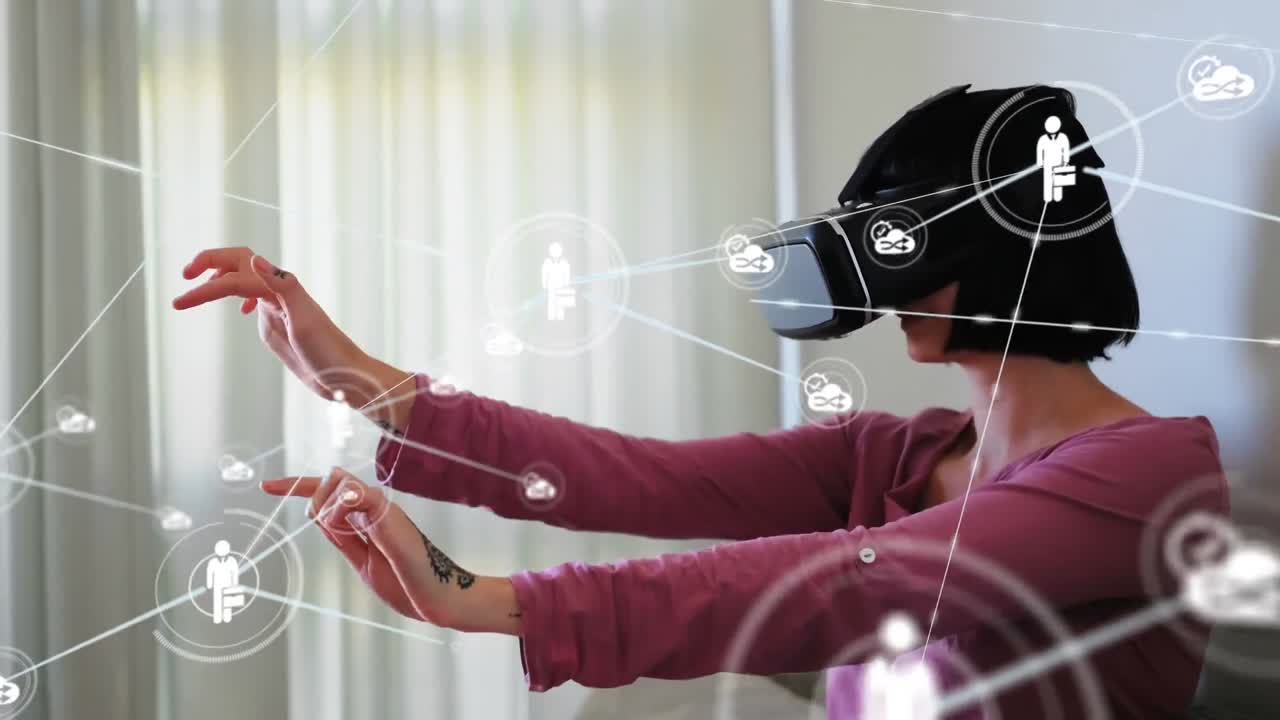 Animation of network of connections with icons over woman wearing vr headset