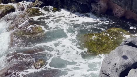 cinematic close-up panning shot of a tide pool with swirling ocean swell near queen's bath on the north coast of kaua'i, hawai'i