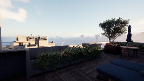 Rooftop View of City Skyline at Sunset