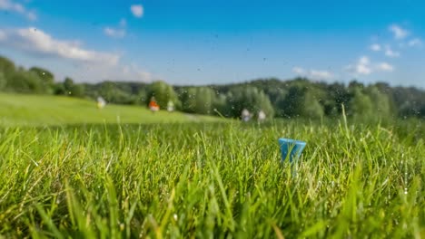 golf club hits a golf ball in a super slow motion. drops of morning dew and grass particles rise into the air after the impact.