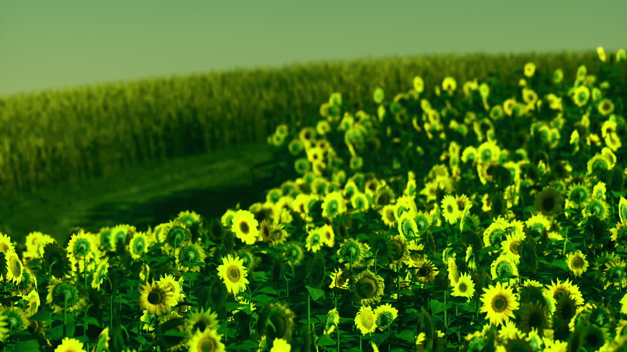 Vibrant sunflower field on a sunny day surrounded by green landscape