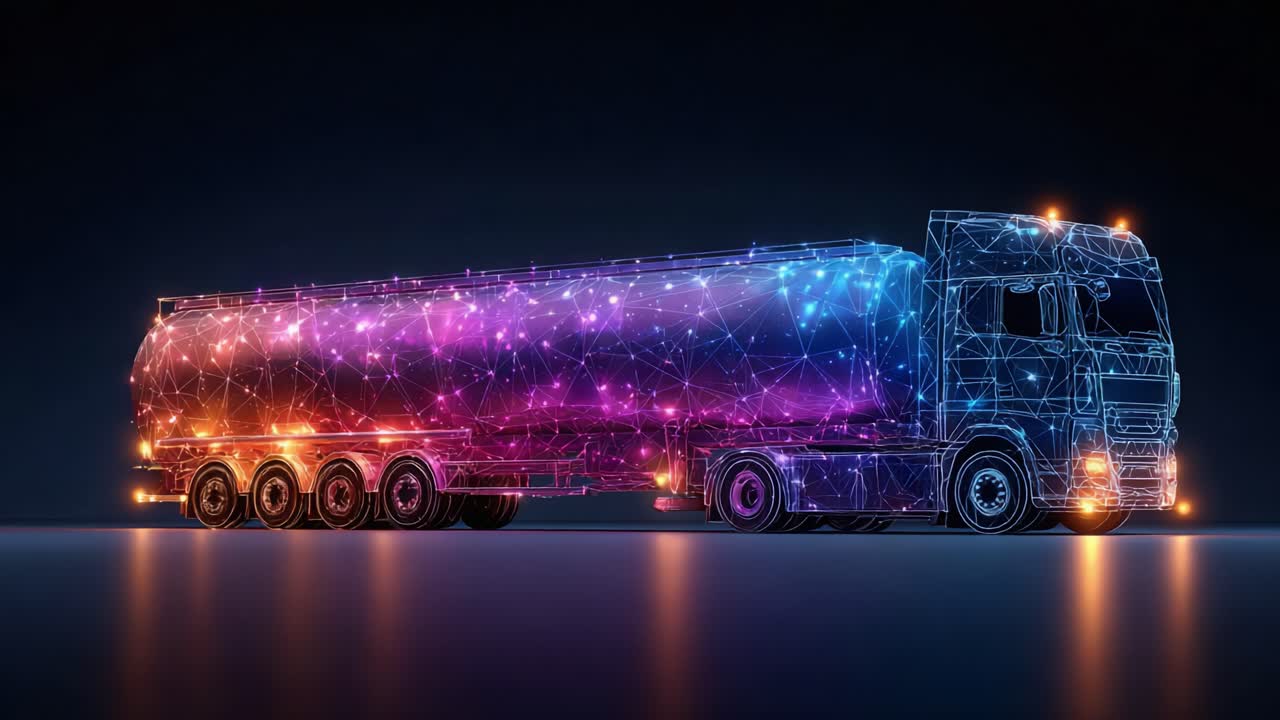 Futuristic Digital Truck Concept: A Stunning Representation of a Semi-Trailer with a Vibrant and Intricate Network of Lights and Connections in an Abstract Space