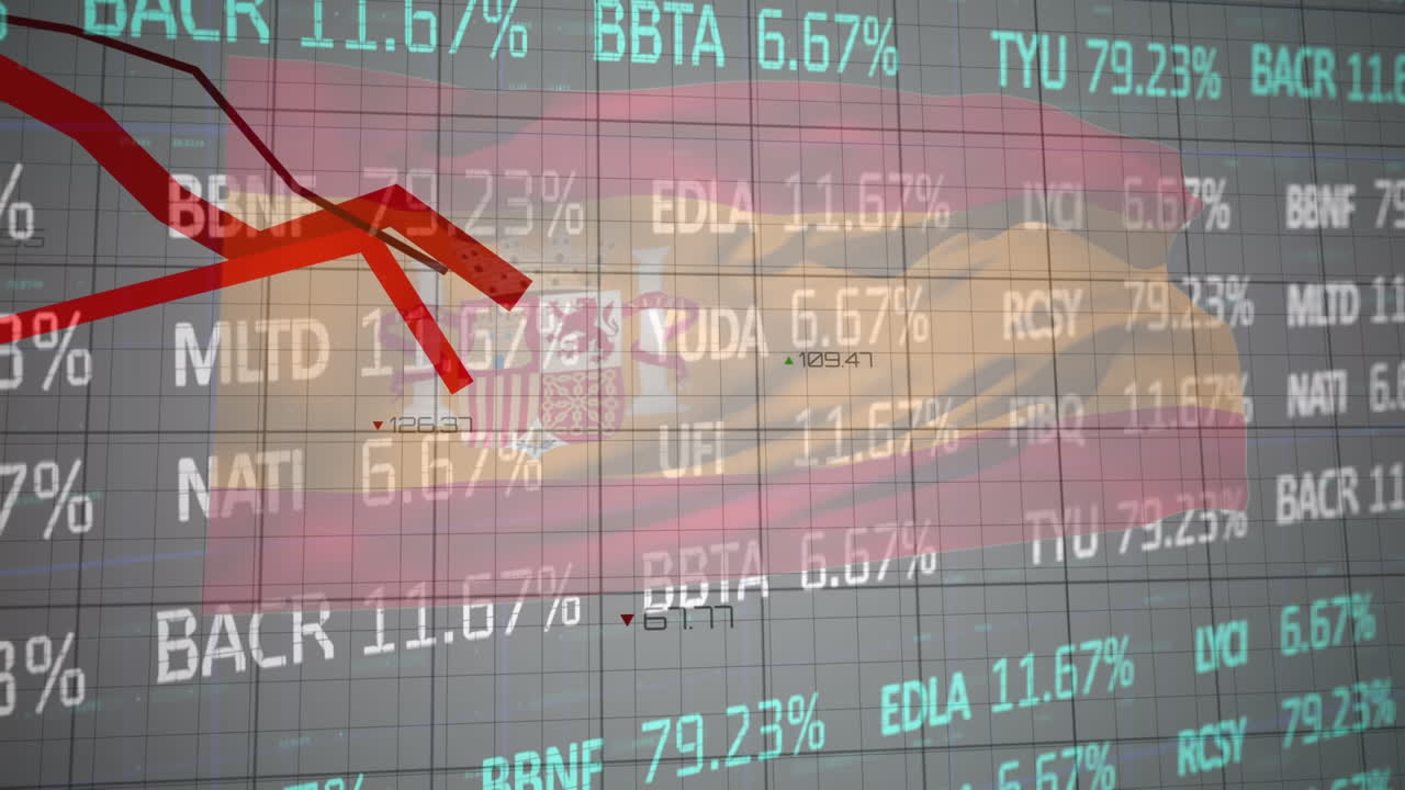 animación de gráficos y procesamiento de datos sobre la bandera de españa sobre fondo negro