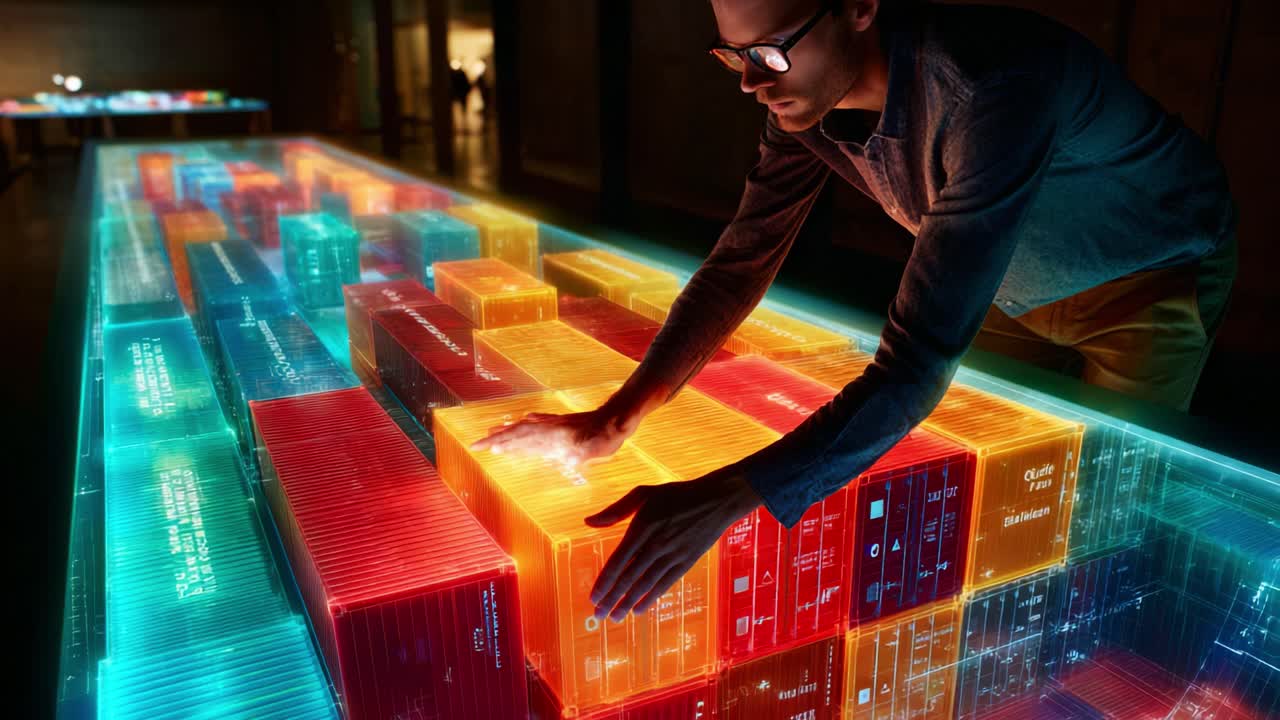 A person interacts with a vibrant and translucent digital display showcasing numerous illuminated containers, highlighting the fusion of technology and art in a modern immersive environment