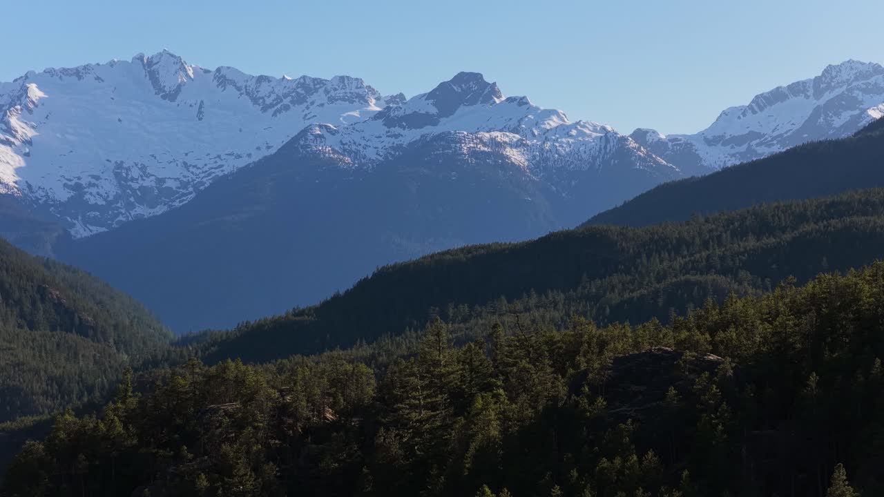 Majestic Snow-Capped Mountain Range Overlook with Lush Green Forest Under Clear Blue Sky in British Columbia
