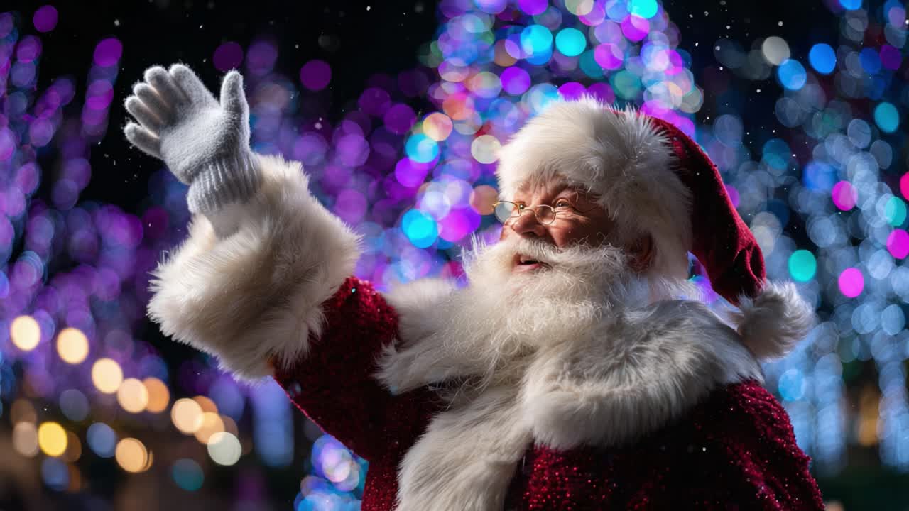 Delightful Holiday Celebration with Santa Claus Spreading Cheer Amidst a Magical Background of Colorful Lights and Festive Decorations