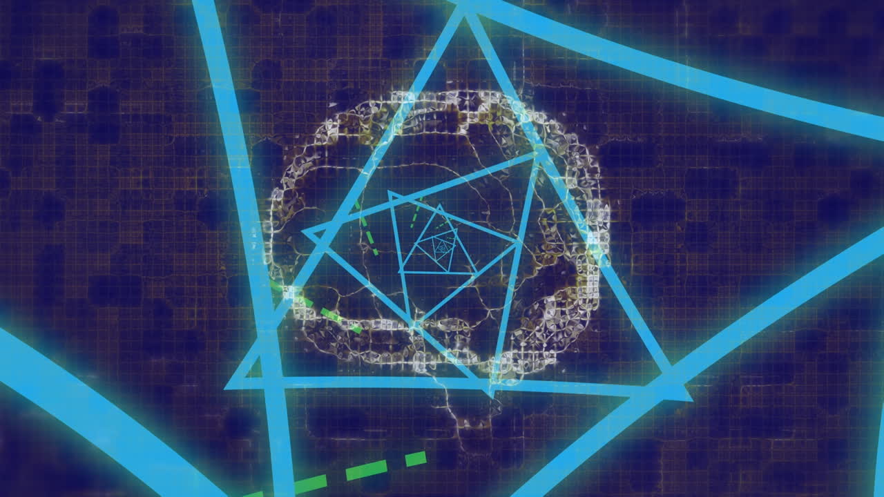 어두운 파란색 배경에 인간의 뇌와 기하학적 모양의 애니메이션