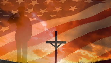 animation of crucifix and soldier silhouette saluting moving over american flag