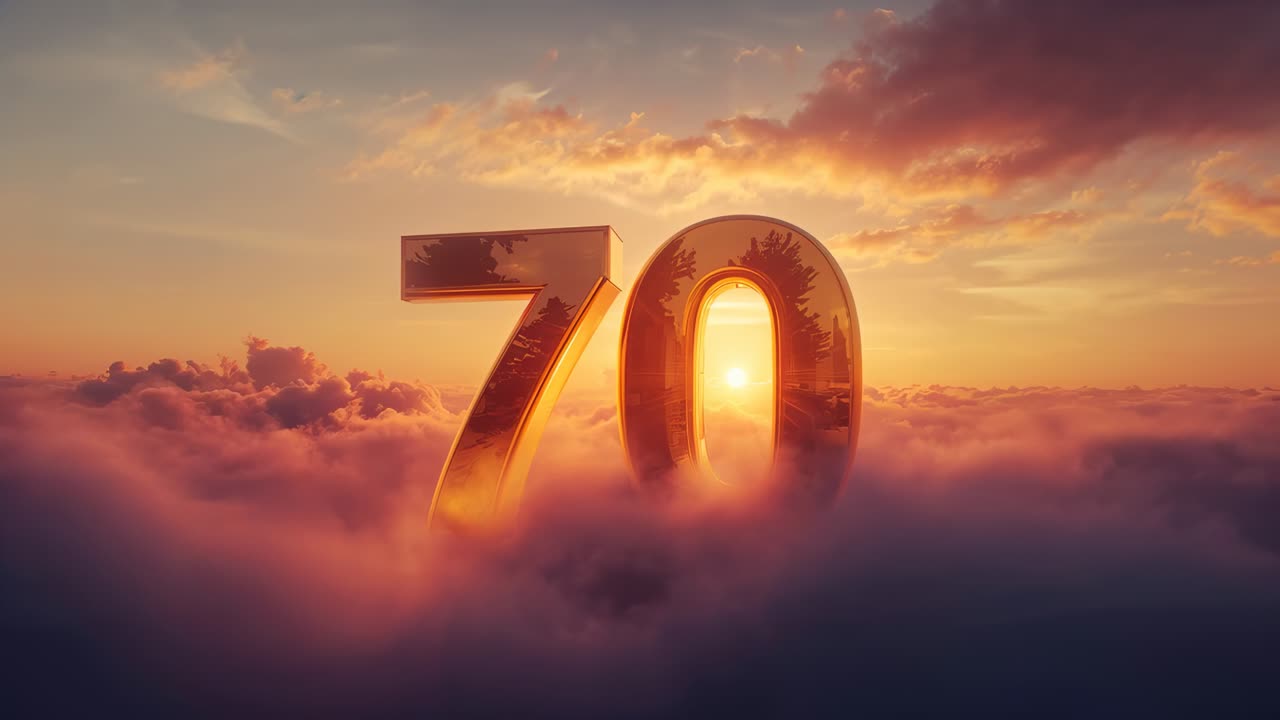 Revealing gold numeral 70, fog thinning and sun brightening behind zero at sunrise