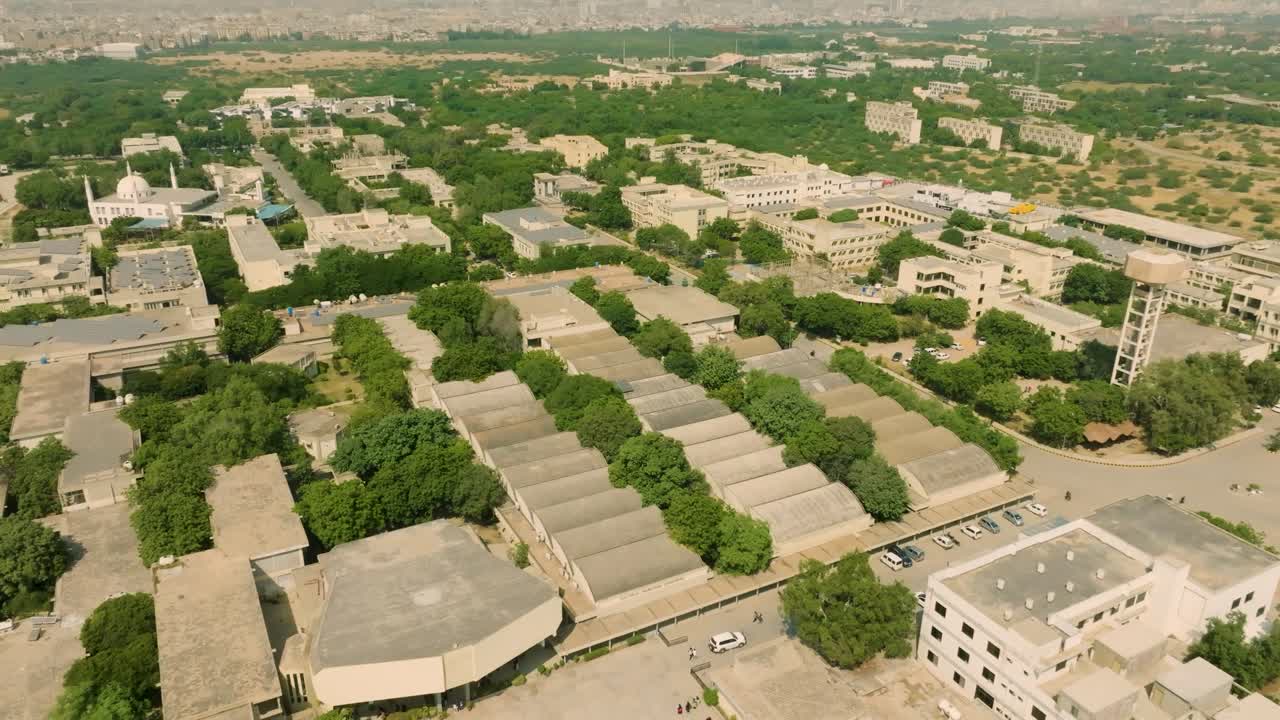 NED University campus in Karachi, Pakistan, showing various buildings and greenery from above