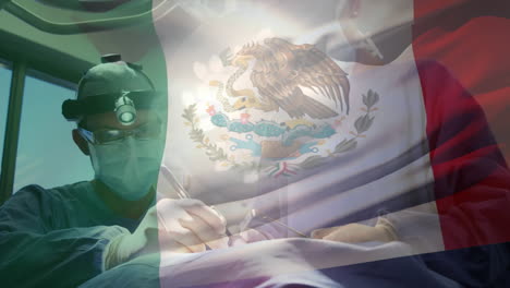 animation of flag of mexico waving over surgeons in operating theatre