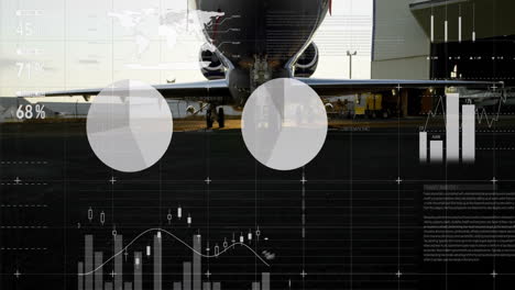 analyzing financial data animation over airplane in hangar