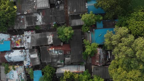 aerial top down of poor slum area with destroyed buildings in chennai,india