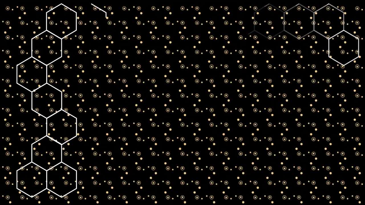 Animation of white line hexagons multiplying over yellow and white dots moving on black background